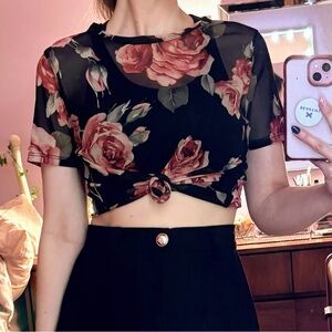 Y2K Suzy Shier Black and Pink Floral Mesh Top
